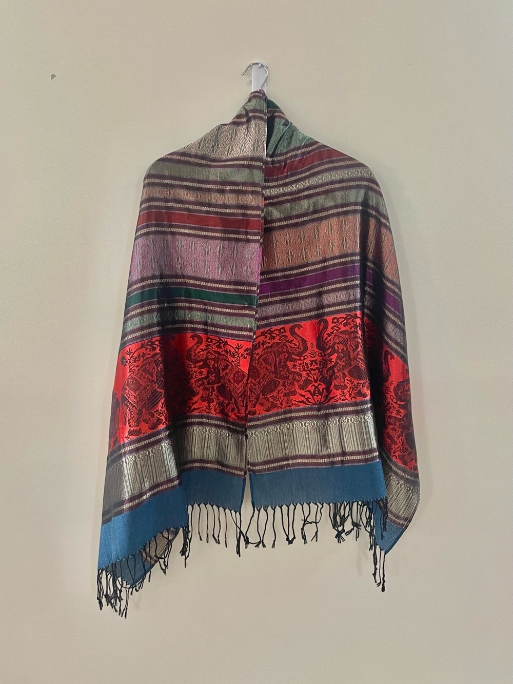 Boho Jewel Tone Pashmina Shawl Scarf Metallic Jacquard Woven Wrap